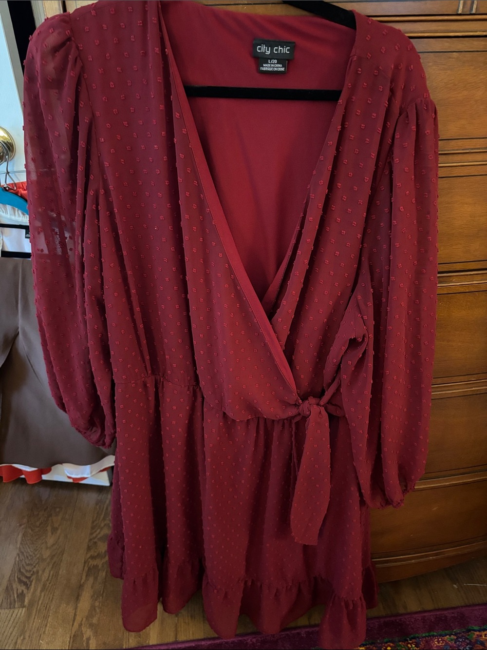 City Chic Wine Burgundy Wrap Dress with Tie Waist